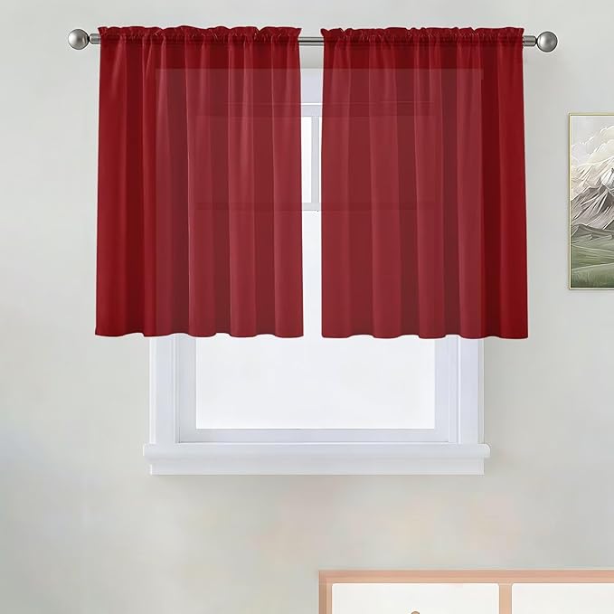 SpaceDresser Basic Rod Pocket Sheer Voile Window Curtain Panels Christmas Red 1 Pair 2 Panels 52 Width 36 Inch Long for Kitchen Bedroom Children Living Room Yard（Christmas Red, 52W x 36L）