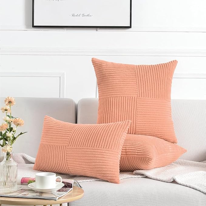 Fancy Homi 2 Packs Peach Samll Decorative Throw Pillow Covers 12x12 Inch with for Couch Bed Sofa, Rustic Farmhouse Boho Home Decor, Soft Corss Patchwork Corduroy Cute Square Cushion Case 30x30 cm