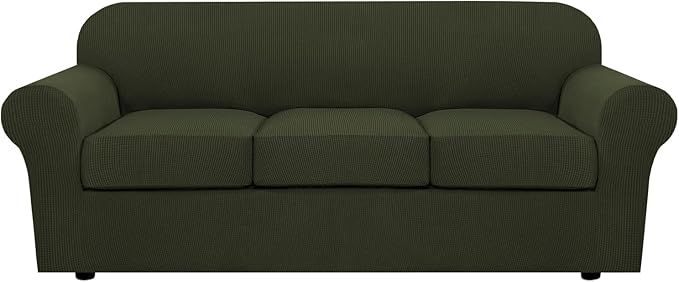 H.VERSAILTEX 4 Piece Stretch Sofa Covers for 3 Cushion Couch Covers for Living Room Furniture (Base Cover Plus 3 Seat Cushion Covers) Upgraded Thicker Jacquard Fabric (Sofa, Olive)