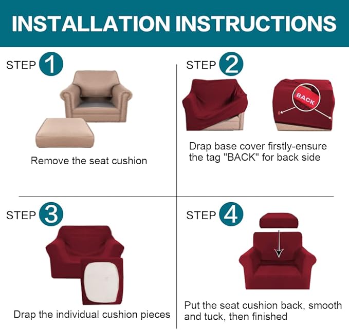 Turquoize 2 Piece Chair Covers Chair Slipcovers for Living Room Armchair Couch Cover Chair Sofa Cover with Individual Cushion Covers Furniture Cover for Chairs Feature Thick Fabric (Chair, Burgundy)