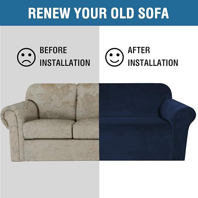 H.VERSAILTEX Stretch Velvet Sofa Covers for 3 Cushion Couch Covers Sofa Slipcovers Furniture Protector Soft with Non Slip Elastic Bottom, Crafted from Thick Comfy Rich Velour (Sofa 72"-90", Navy)