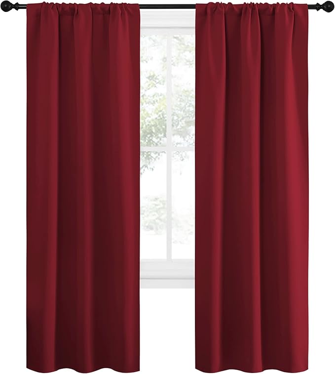 NICETOWN Christmas Burgundy Curtains Blackout Drape Panels - Lights Block Out Window Treatment Short Curtain Sets for Loft and Basement Decoration (Set of 2, 34 by 72-Inch)