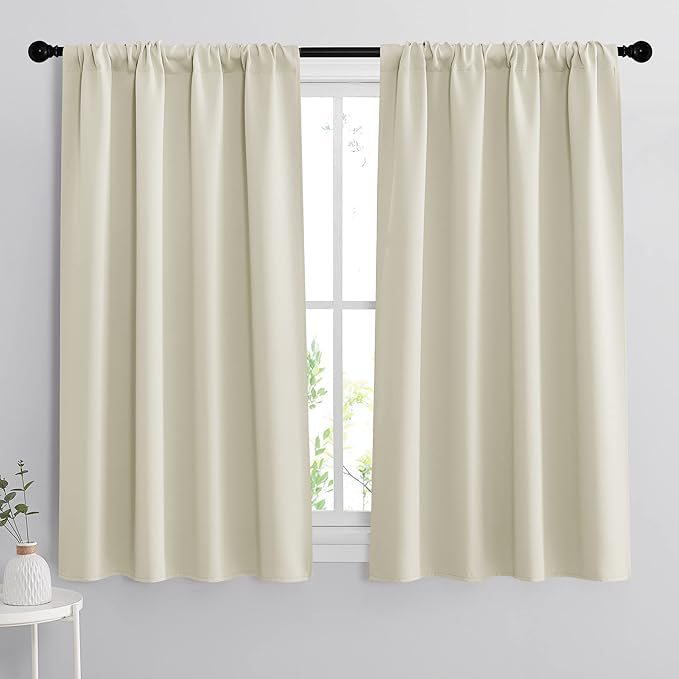 RYB HOME Blackout Curtains for Bedroom - Small Window Treatment Panels Full Privacy Thermal Insultaed Solar Drapes for Bathroom Dining Basement, Wide 42 x Long 45, Beige, 2 Pcs