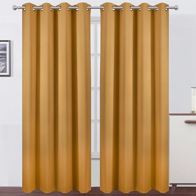 LEMOMO Blackout Curtains 52 x 108 inch/Mustard Yellow Curtains Set of 2 Panels/Thermal Insulated Room Darkening Bedroom Curtains