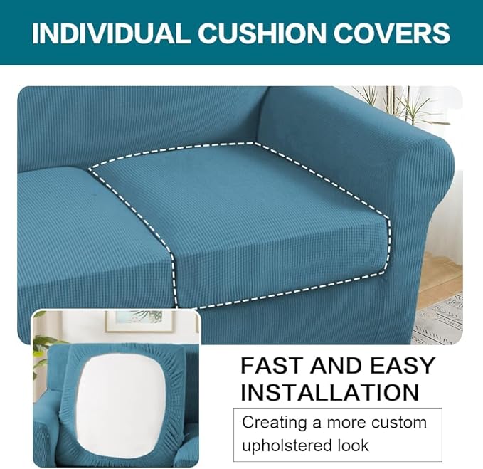 Turquoize 4 Piece Sofa Covers for 3 Cushion Couch Sofa Slipcover Soft Couch Cover for Dogs Washable Furniture Cover with 3 Individual Large Cushion Covers Feature Fabric (Large Sofa, Storm Blue)
