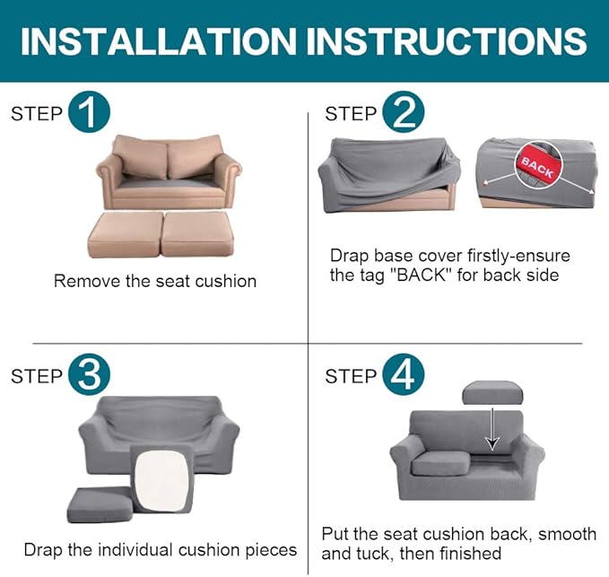 Turquoize 3 Piece Sofa Covers for 2 Cushion Couch Sofa Slipcover Soft Couch Cover for Dogs-Washable Sofa Furniture Covers with 2 Individual Cushion Covers, Feature Thick Fabric (2 Cushion Sofa, Dove)