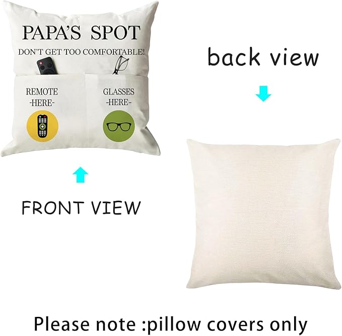 ONFAON Papa Gifts Throw Pillow Case, Papa's Spot Throw Pillow Covers 18 x 18 Inch,Put Phone Glasses and Remote Control Pillowcase,Birthday Christmas Thanksgiving Day Gifts for Papa Stepdad 3-Pocket