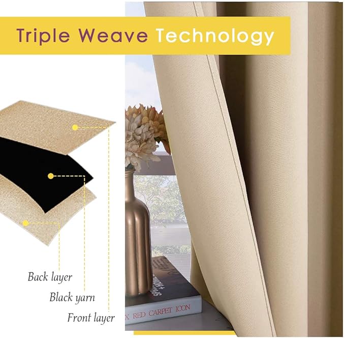 NICETOWN Blackout Farmhouse Curtains, Biscotti Beige, Set of 2, 34 by 80 Inch, Thermal Insulated Solid Grommet Vertical Drapes Room Darkening Window Treatments for Bedroom
