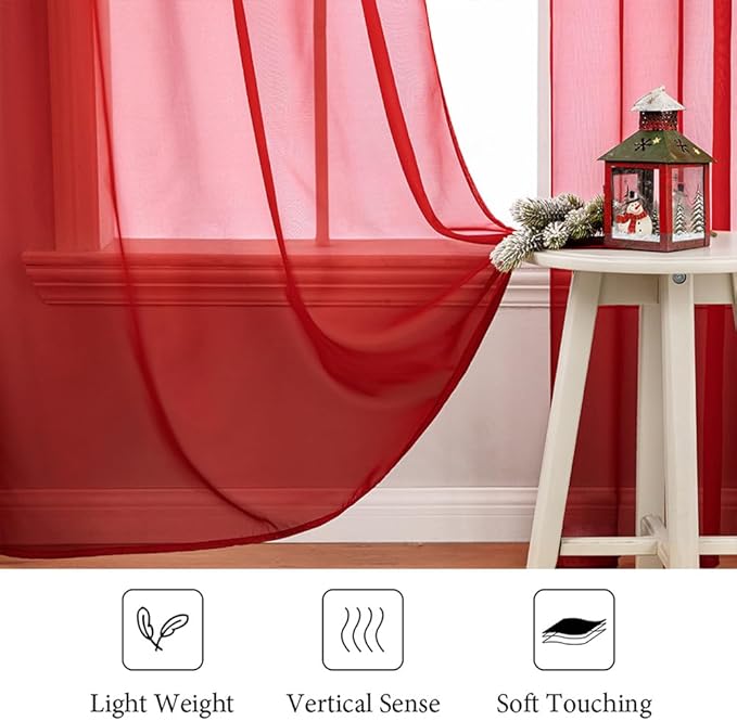 MIULEE 2 Panels Red Solid Color Sheer Christmas Window Curtains Elegant Window Voile Panels/Drapes/Treatment for Bedroom Living Room (54X90 Inches)