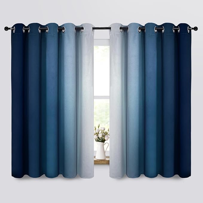 Yakamok Room Darkening Ombre Curtains,Thermal Insulated Grommet Window Drapes, Light Blocking Gradient Color Curtains for Bedroom(Blue and Greyish White, 70x63 Inch, Set of 2)