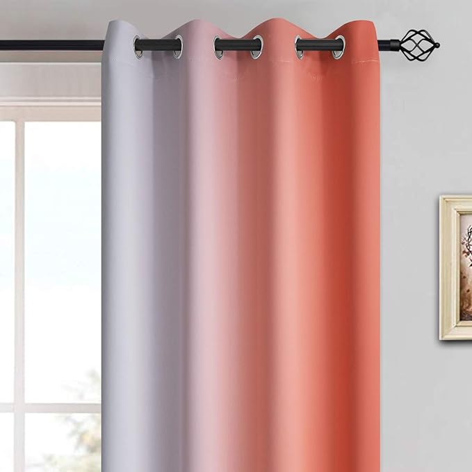 Yakamok Thermal Insulated Coral and Greyish White Gradient Curtains, Room Darkening Grommet Window Ombre Curtains, Light Blocking Drapes for Bedroom (52x63 Inch, Set of 2)