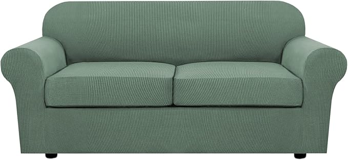 H.VERSAILTEX 3 Piece Stretch Sofa Covers for 2 Cushion Sofa Couch Covers for Living Room Sofa Slipcovers (Base Cover Plus 2 Seat Cushion Covers) Thicker Jacquard Fabric(Large Sofa, Loden Frost)