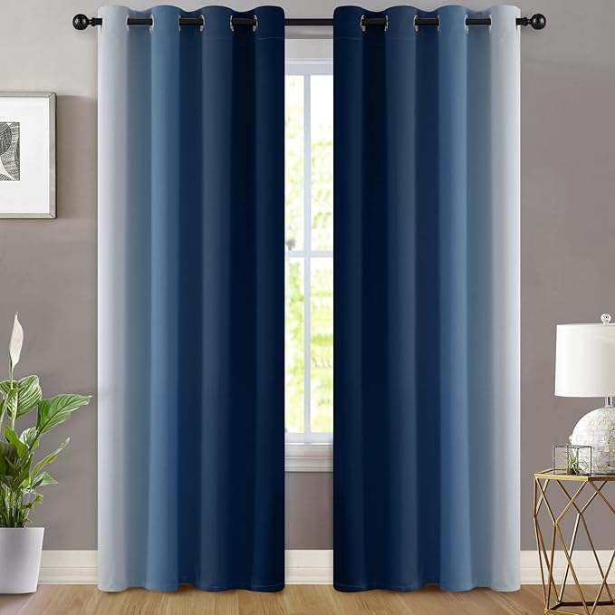 Yakamok 96 Inch Length Light Blocking Thermal Insulated Grommet Window Drapes, Room Darkening Gradient Color Ombre Curtains for Bedroom(Blue and Greyish White, 52x96 Inch, Set of 2)