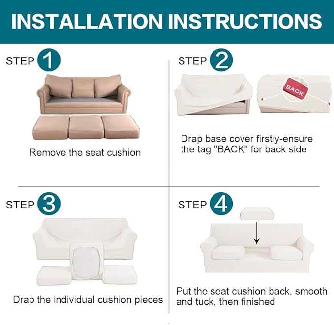 Turquoize 4 Piece Sofa Covers for 3 Cushion Couch Sofa Slipcover Soft Couch Cover for Dogs Washable Furniture Cover with 3 Individual Large Cushion Covers Feature Fabric (Large Sofa, Porcelain)