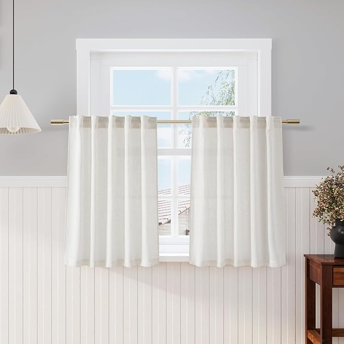 Nanspring Short Linen Kitchen Window Curtains 36 Inch Length, Over Sink Modern Neutral Cream Semi Sheer Back Tab and Rod Pocket Drapes for Basement Bathroom Curtains, 2 Panels, 34 x 36 Inch
