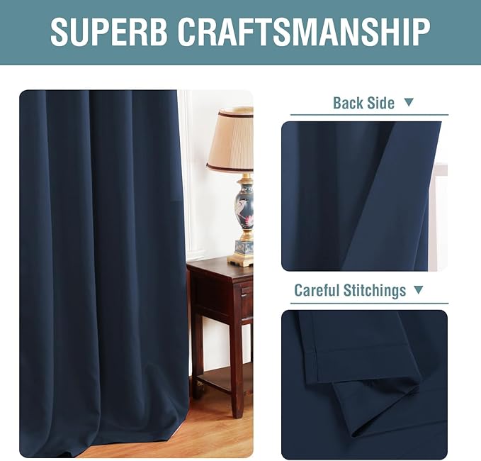 H.VERSAILTEX Blackout Curtain for Living Room Extra Long, Thermal Insulated Bedroom Curtains Grommet Top, Noise Reducing Patio Door Curtain - Navy Blue, One Panel, 52'W x 90'L