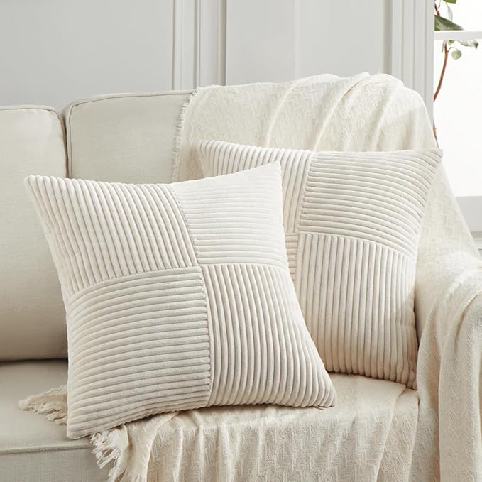 Fancy Homi 2 Packs Cream Samll Decorative Throw Pillow Covers 14x14 Inch with for Couch Bed Sofa, Rustic Farmhouse Boho Home Decor, Soft Corss Patchwork Corduroy Square Cushion Case 35x35 cm