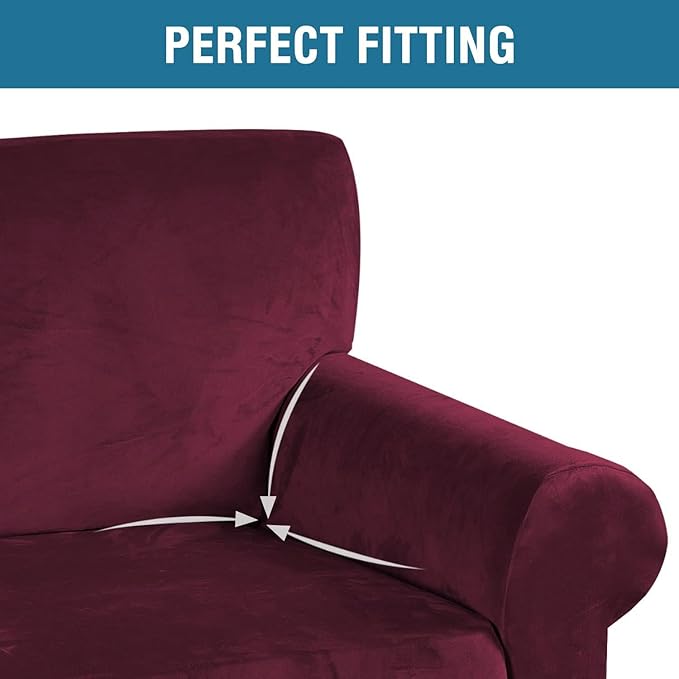 H.VERSAILTEX Stretch Velvet Loveseat Covers for 2 Cushion Couch Covers for Living Room Sofa Covers Slipcovers with Non Slip Straps Bottom, Ultra Thick Comfy Velour (Width 58"-72", Burgundy)