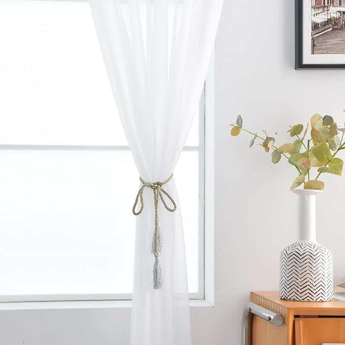 SpaceDresser Sheer Voile Window Treatment Rod Pocket Curtain Panels for Kitchen Bedroom Living Room Drapes Sunlight Filtering Privacy Semi Home Decor Assorted (White, 52 W x 128 L)