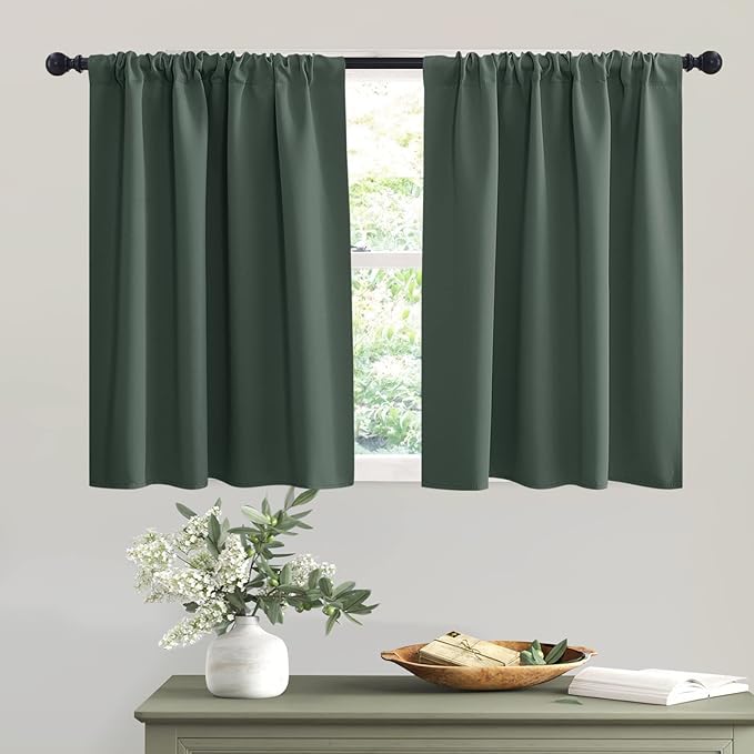 RYB HOME Short Blackout Curtains for Bedroom, Room Darkening Insulated Summer Heat Light UV Blocking Energy Saving Drapes for Nursery, Width 34 by Length 48, Dark Green, Set of 2