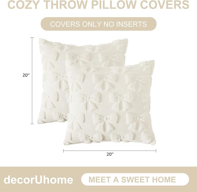 decorUhome Cream White Bow Pillow Covers Set of 2 Coquette Aesthetic Cute Preppy Plush Faux Pillowcases for Girly Bedroom or Couch 20x20 Inch