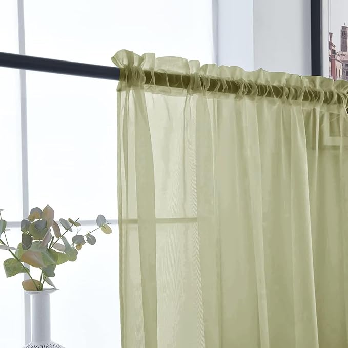 SpaceDresser Basic Rod Pocket Sheer Voile Window Curtain Panels Sage Green 1 Pair 2 Panels 26 Width 24 Inch Long for Kitchen Bedroom Children Living Room Yard（Sage Green，26Wx 24L）