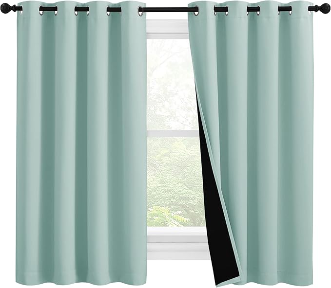 NICETOWN 100% Blackout Curtains 57 inches Long, Double-Deck Completely Blackout Window Treatment Thermal Insulated Lined Drapes for Small Window (Aqua Blue, 1 Pair, 55 inches Width Each Panel)