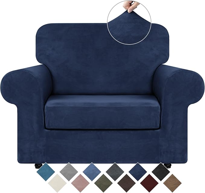 WEERRW Velvet Stretch Chair Sofa Slipcover - 2 Pieces Luxury Soft Velvet Plush Couch Cover Furniture Protector with Elastic Bottom for Pets, Machine Washable, Navy Blue, Small