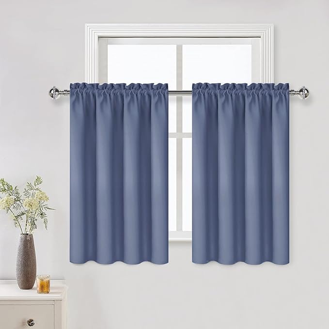 DWCN Blackout Curtains for Living Room Thermal Insulated, Energy Saving & Noise Reducing Bedroom Curtains, Dusty Blue, W 52x L 36 Inch, Set of 2 Rod Pocket Curtain Panels