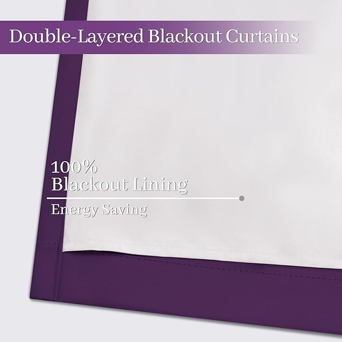 Yakamok Room Darkening 100% Blackout Curtains Grommet Window Treatments with 2 Thick Layers-Purple Thermal Insulated Drapes Set of 2 Panels for Bedroom Living Room 38 Inches by 63 Inches Length