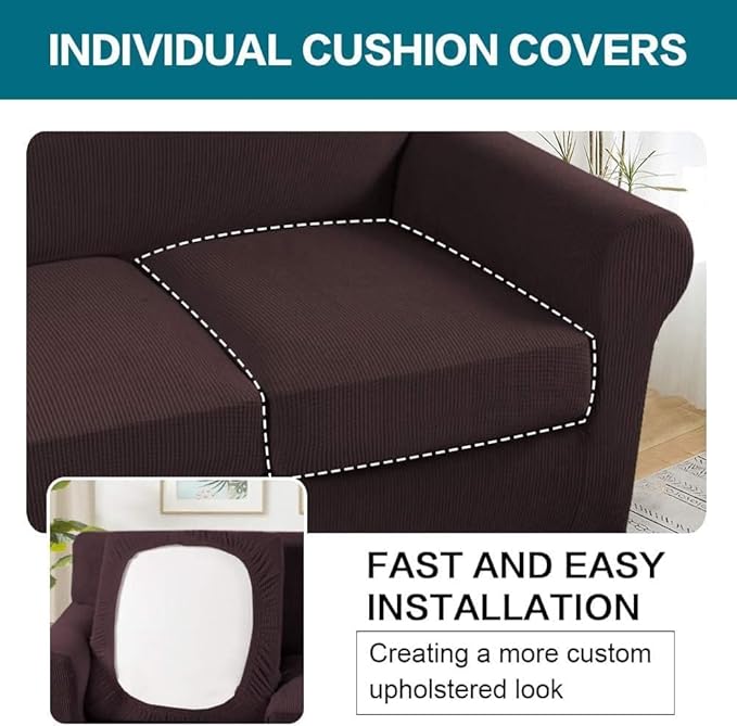 Turquoize 4 Piece Sofa Covers for 3 Cushion Couch Sofa Slipcover Soft Couch Cover for Dogs Washable Furniture Cover with 3 Individual Large Cushion Covers Feature Fabric (Large Sofa, Brown)