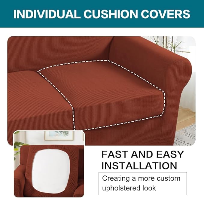Turquoize 4 Piece Sofa Covers for 3 Cushion Couch Sofa Slipcover Soft Couch Cover for Dogs Washable Furniture Cover with 3 Individual Large Cushion Covers Feature Fabric (Large Sofa, Rust)