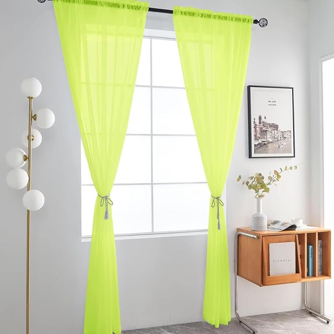 SpaceDresser Basic Rod Pocket Sheer Voile Window Curtain Panels Chartreuse 1 Pair 2 Panels 52 Width 72 Inch Long for Kitchen Bedroom Children Living Room Yard（Chartreuse, 52W x 72L）