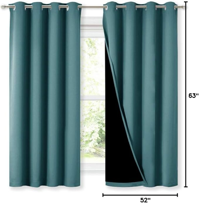 NICETOWN 100% Blackout Curtain Panels, Thermal Insulated Black Liner Curtains for Nursery Room, Noise Reducing and Cold Blocking Drapes for Windows (Set of 2, Sea Teal, 52-inch Wide by 63-inch Long)