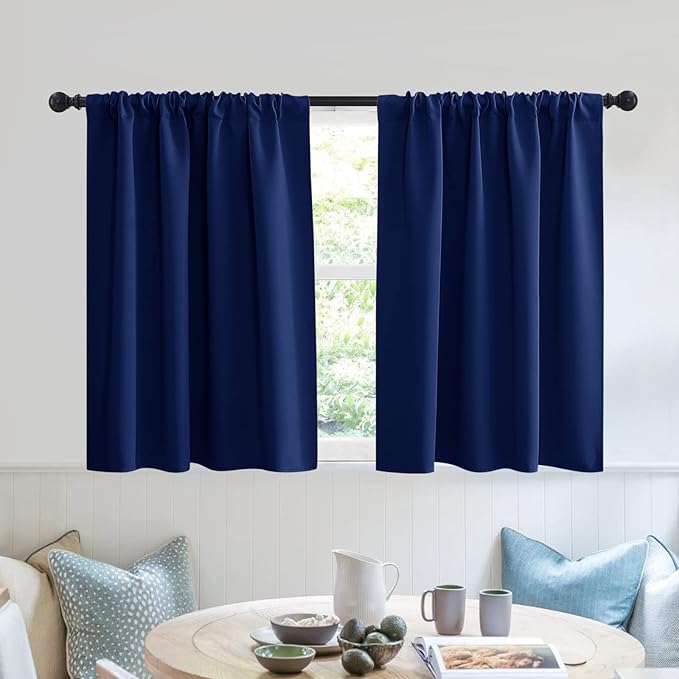 RYB HOME Blackout Privacy Bathroom Window Curtains, Short Thermal Insulated Heat Blocking Privacy Rod Pocket Half Window Curtain Tiers for Nursery Bedroom, Width 42 by Length 30, Marine Blue, 2 Panels