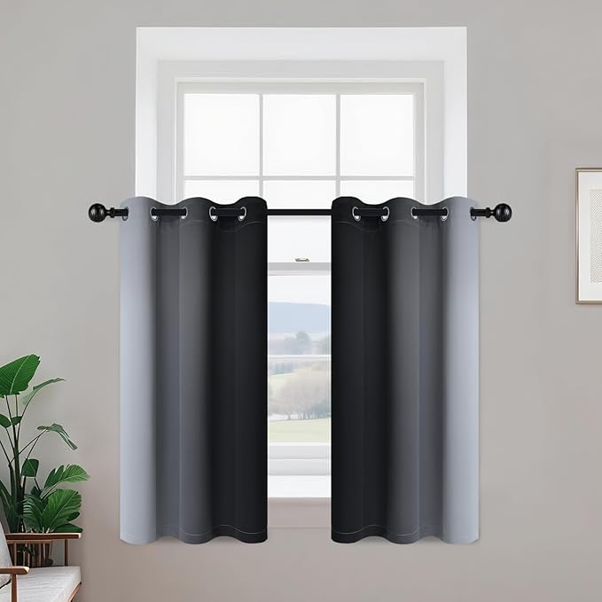 Yakamok Room Darkening Ombre Curtains 36 Inch Length, Black and Greyish White Thermal Insulated Gradient Color Curtains,Light Blocking Grommet Window Drapes for Bedroom,42 Inch Width,2 Panels