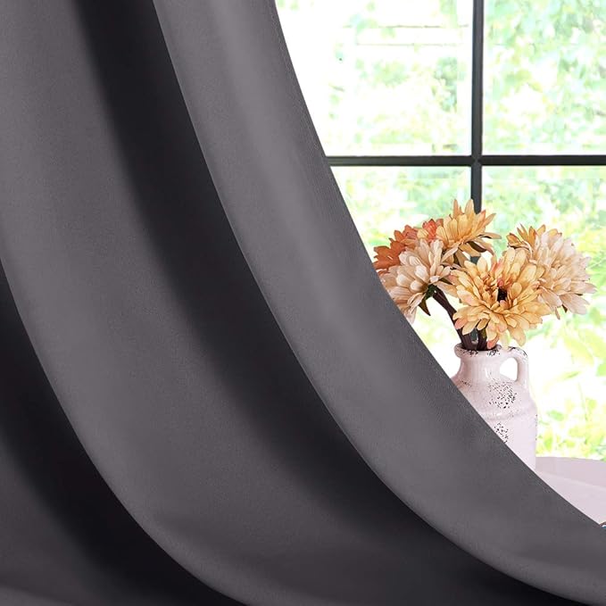 NICETOWN Bedroom Curtains Blackout Drapery Panels, Three Pass Microfiber Thermal Insulated Solid Ring Top Blackout Window Curtains/Drapes (Two Panels, 60 x 84 inches, Gray)