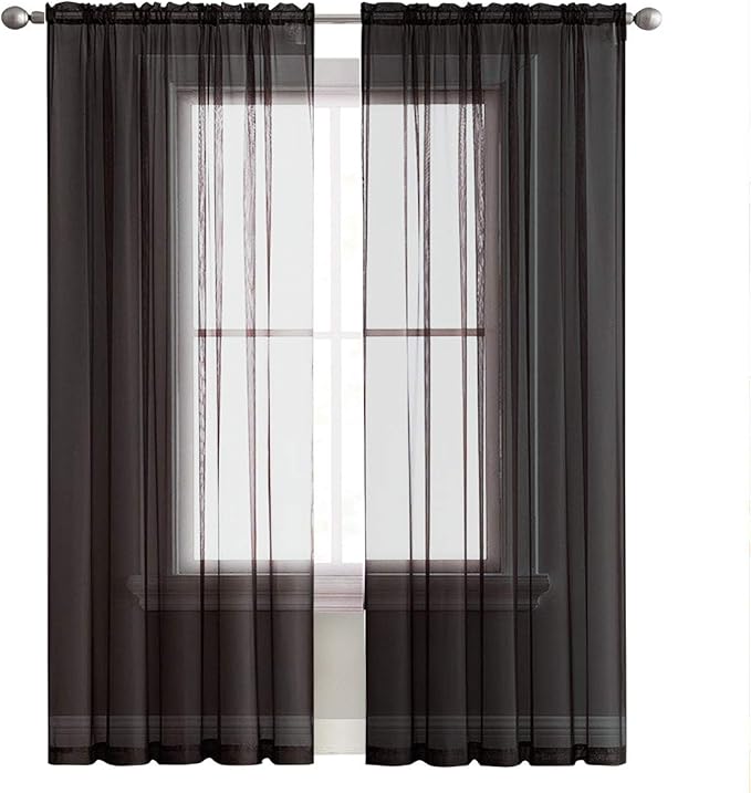 SpaceDresser Sheer Voile Window Treatment Rod Pocket Curtain Panels for Kitchen Bedroom Living Room Drapes Sunlight Filtering Privacy Semi Home Decor Assorted (Black, 52 W x 63 L)