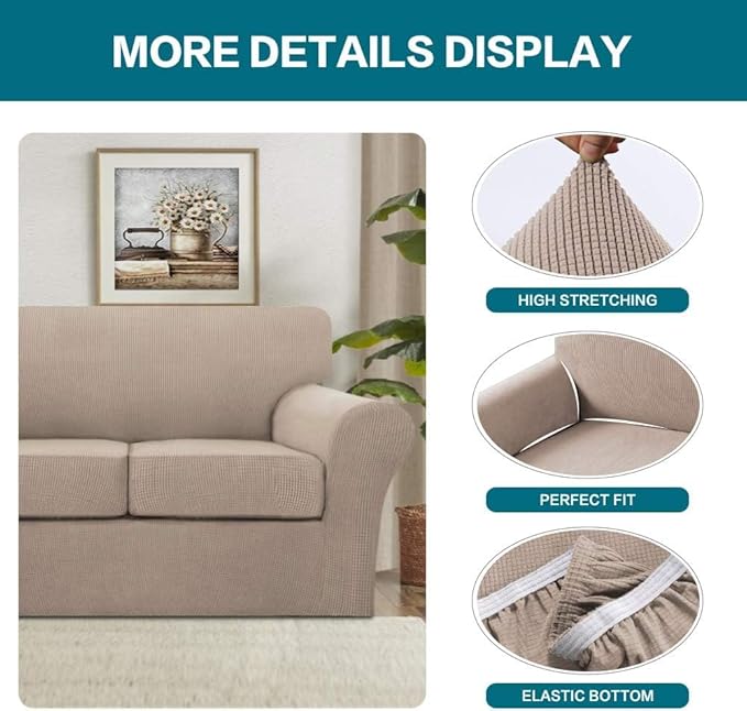 Turquoize 4 Piece Sofa Covers for 3 Cushion Couch Sofa Slipcover Soft Couch Cover for Dogs Washable Furniture Cover with 3 Individual Large Cushion Covers Feature Fabric (Large Sofa, Sand)