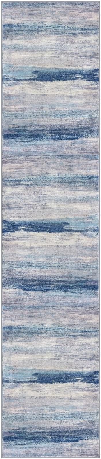 KOZYFLY Modern Abstract Washable Rug Runner 2.6x12 Hallway Rug Runner Non-Slip Soft Kitchen Runner Rugs, Blue/Grey/Beige Striped Carpet for Entryway Bathroom Laundry Room Foyer