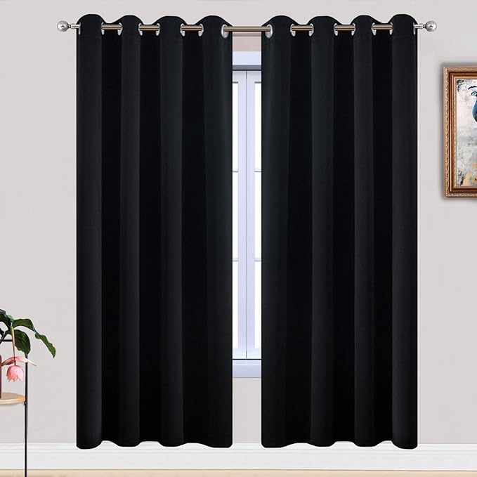 Yakamok Soft and Smooth Blackout Curtains for Bedroom - Grommet Thermal Insulated Room Darkening Curtains for Living Room, Set of 2 Panels (52W x 72L Inch, Black)