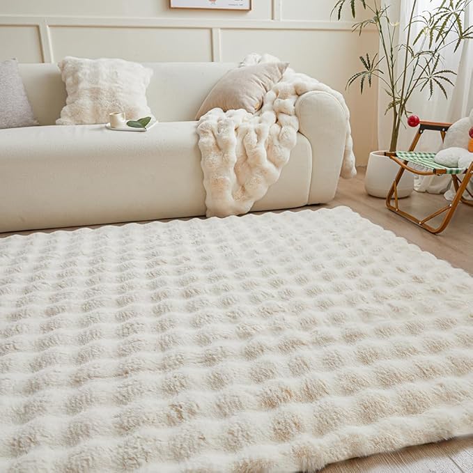 Creamy White Rabbit Plush Rug 5'x8', Fluffy Faux Fur Shaggy Area Rug for Nursery, Kids Room Decor, Soft Fuzzy Carpet for Living Room, Bedroom, Teen Girls Room