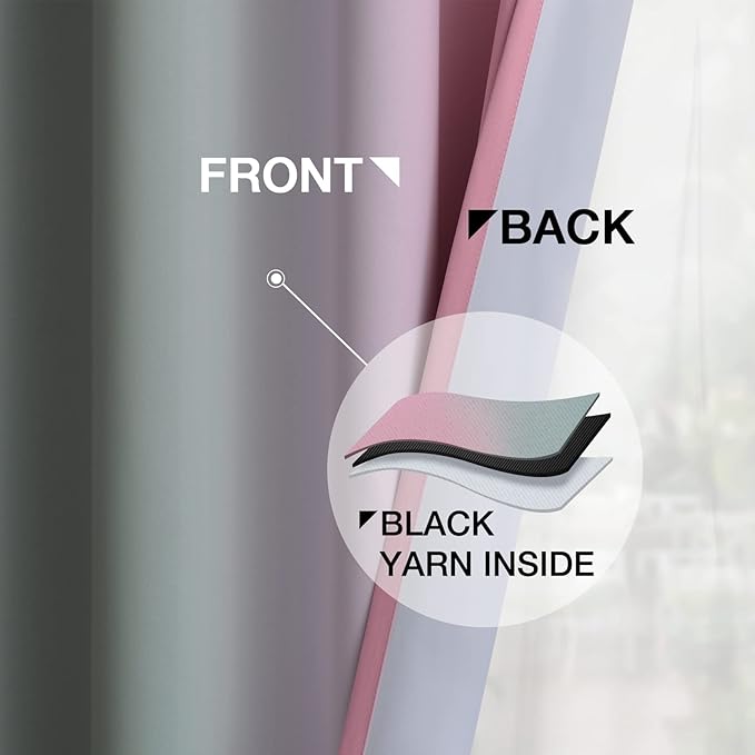 Yakamok Pink and Grey Blackout Curtains, Ombre Full Room Darkening Window Curtains for Living Room,Grommet Thermal Insulated Drapes,Light Blocking Curtains for Girls Bedroom,52x54 Inch, 2 Panels