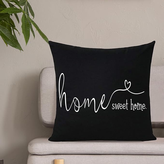 MFGNEH Home Sweet Home Quotes Farmhouse Pillow Covers 18x18 Inch,Farmhouse Decorative Lumbar Throw Pillow Case Cushion Cover,Housewarming Gift,Black
