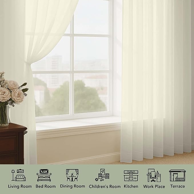OWENIE Cream Sheer Curtains 72 Inches Long 2 Panels Set, Transparent Voile Sheer Curtain for Living Room Bedroom Window Sliding Glass Door Treatment, 59 x 72 Inch, Cream