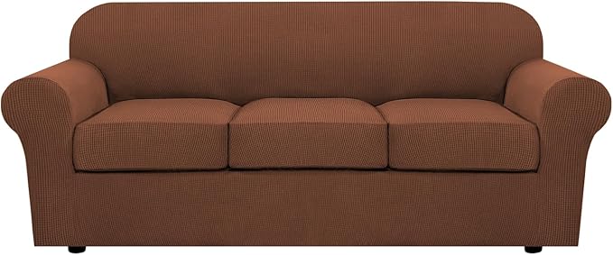 H.VERSAILTEX 4 Piece Stretch Sofa Covers for 3 Cushion Couch Covers for Living Room Furniture Slipcovers (Base Cover Plus 3 Seat Cushion Covers) Upgraded Thicker Jacquard Fabric (Sofa, Caramel)