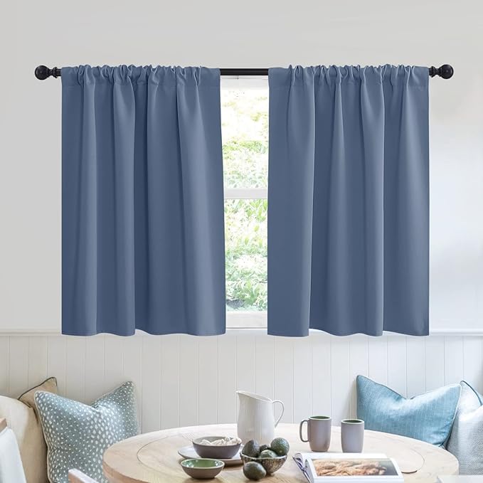 RYB HOME Blackout Privacy Bathroom Window Curtains, Short Thermal Insulated Heat Blocking Privacy Rod Pocket Half Window Curtain Tiers for Nursery Bedroom, Width 42 by Length 30, Stone Blue, 2 Panels