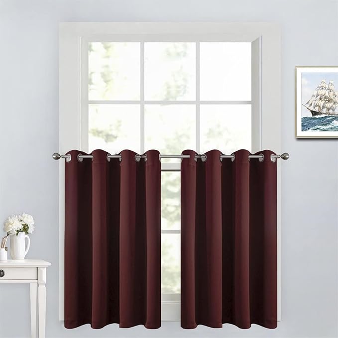 Yakamok 36 Inch Blackout Curtains for Kitchen, Grommet Sunlight Block Energy Saving Window Drapes for Bedroom Bathroom, Burgundy Red, 52Wx36L, 2 Panels