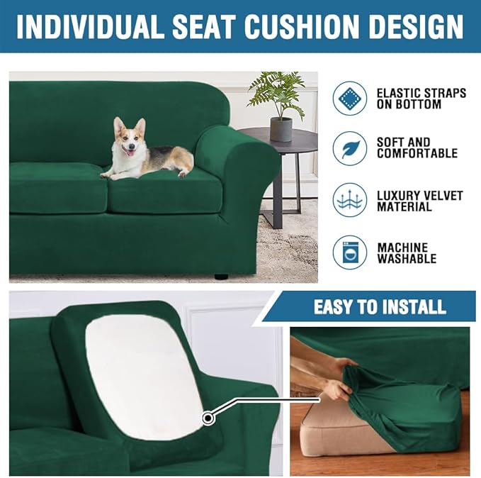 H.VERSAILTEX Real Velvet Plush 3 Piece Stretch Sofa Covers Couch Covers for 2 Cushion Couch Sofa Slipcovers Width Up to 90 Inch Feature Thick Soft Stay in Place (Large Sofa, Vintage Green)