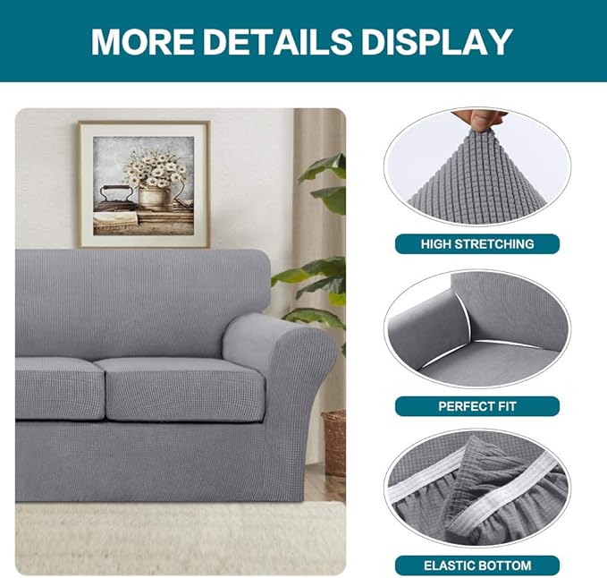 Turquoize 4 Piece Sofa Covers for 3 Cushion Couch Sofa Slipcover Soft Couch Cover for Dogs-Washable Sofa Furniture Covers with 3 Individual Large Cushion Covers (XL Sofa, Dove)